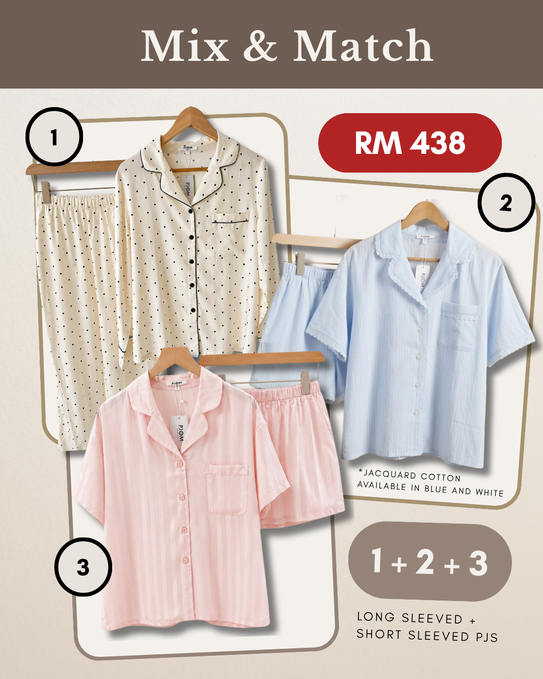 MIX & MATCH - Long Sleeved Polka Dot + Short Sleeved Blue Jacquard Cotton + Short Sleeved Tencel