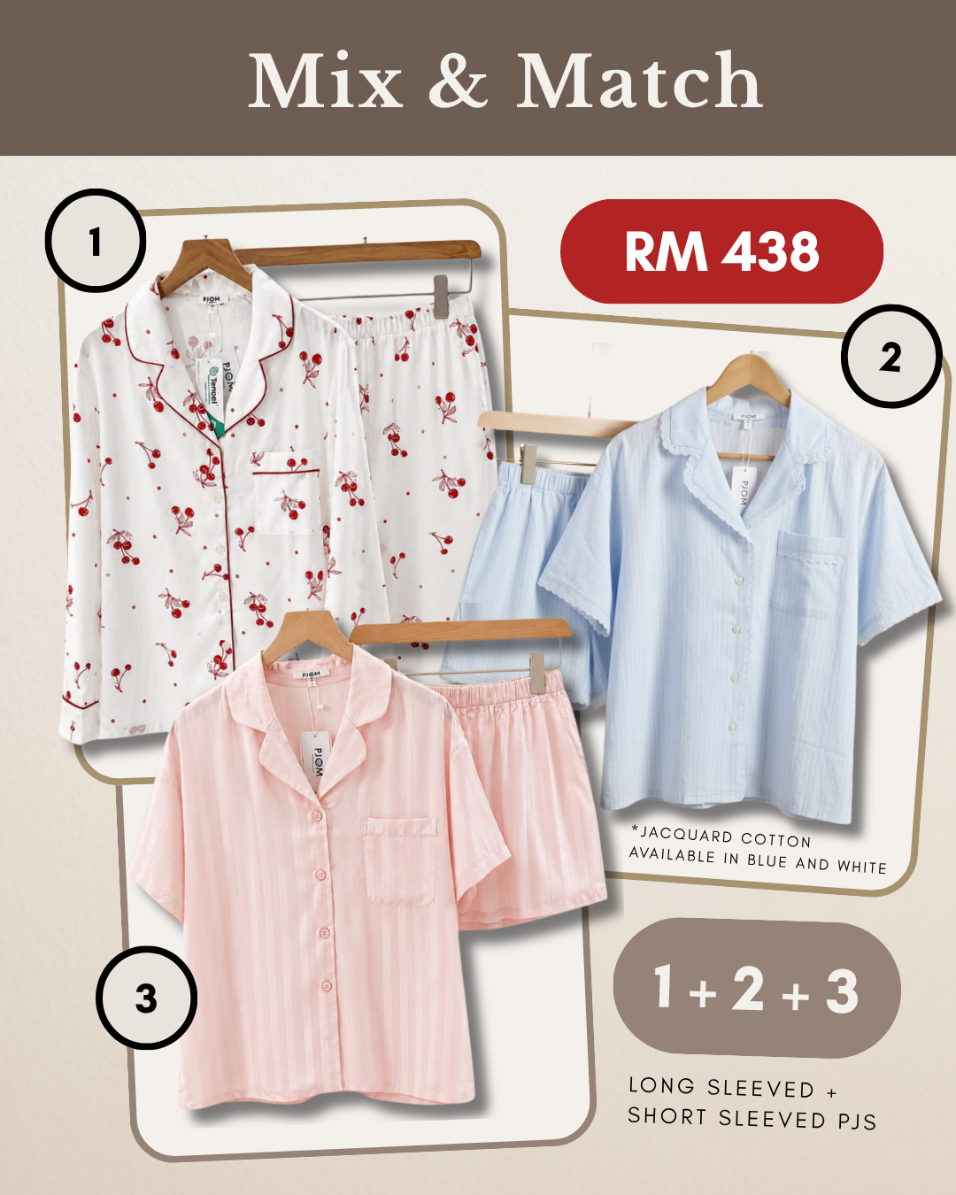 MIX & MATCH - Long Sleeved Cherry Tencel + Short Sleeved Blue Jacquard Cotton + Short Sleeved Tencel Pink