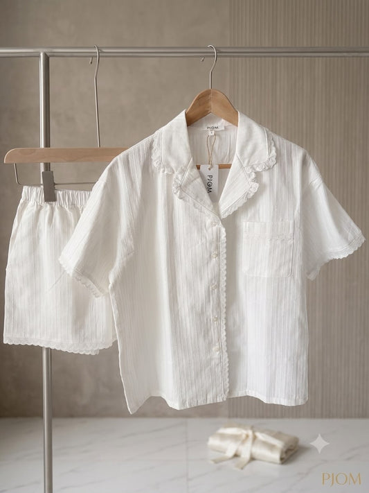 #25126 - Jacquard Cotton Short Sleeve Set (White, Light Blue) *Free Scrunchie