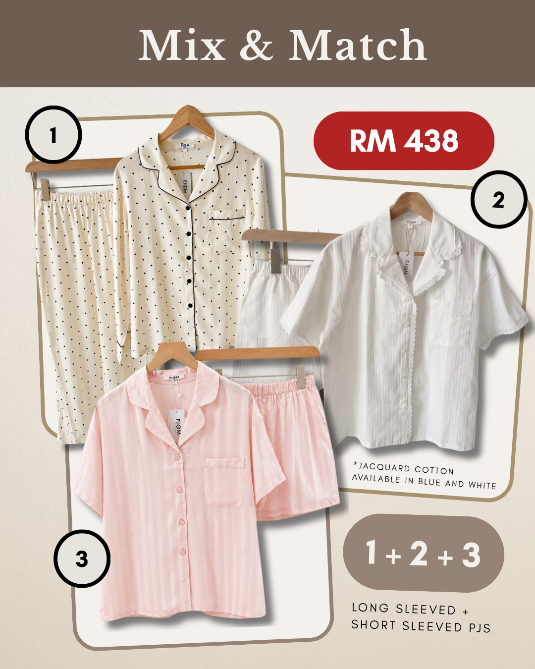 MIX & MATCH - Long Sleeved Polka Dot + Short Sleeved White Jacquard Cotton + Short Sleeved Tencel Pink