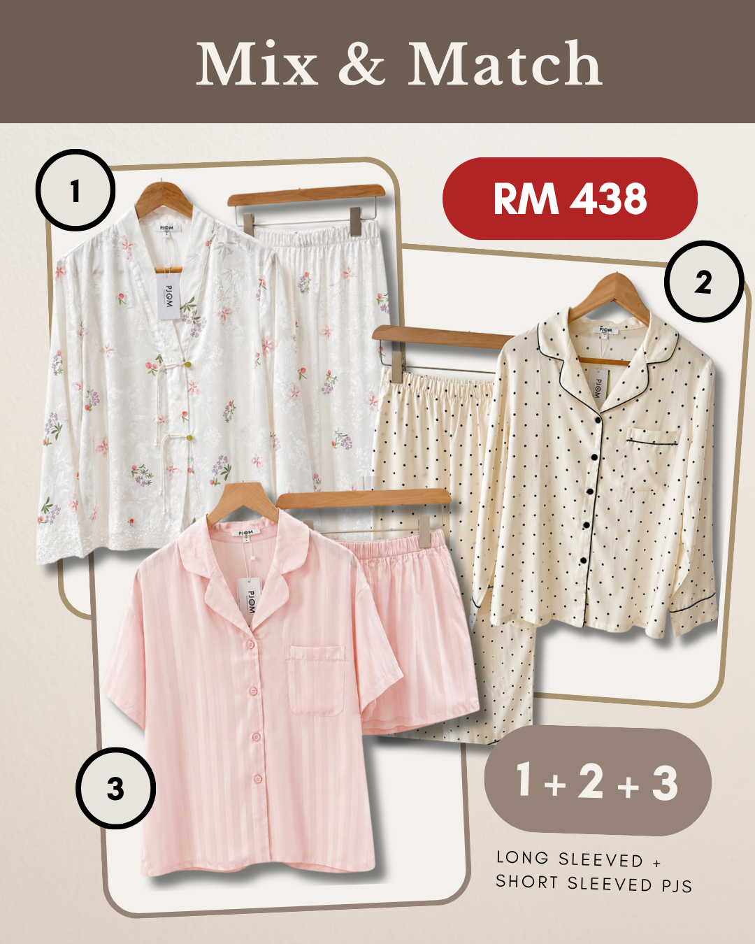 MIX & MATCH - Long Sleeved Pankou + Long Sleeved Polka Dot + Short Sleeved Tencel Pink