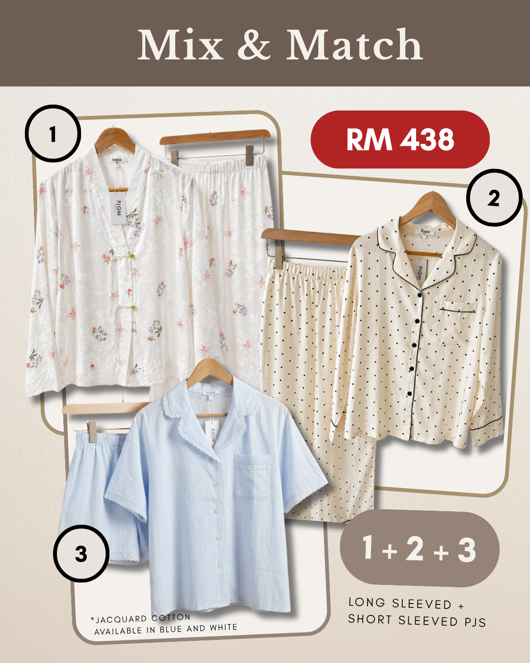 MIX & MATCH - Long Sleeved Pankou + Long Sleeved Polka Dot + Short Sleeved Blue Jacquard Cotton