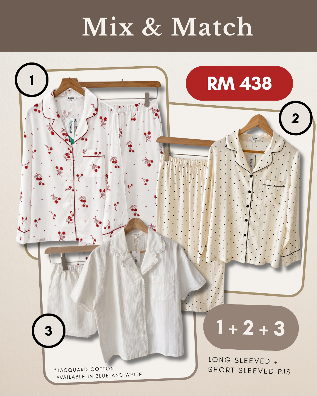 MIX & MATCH - Long Sleeved Cherry Tencel + Long Sleeved Polka Dot + Short Sleeved White Jacqua