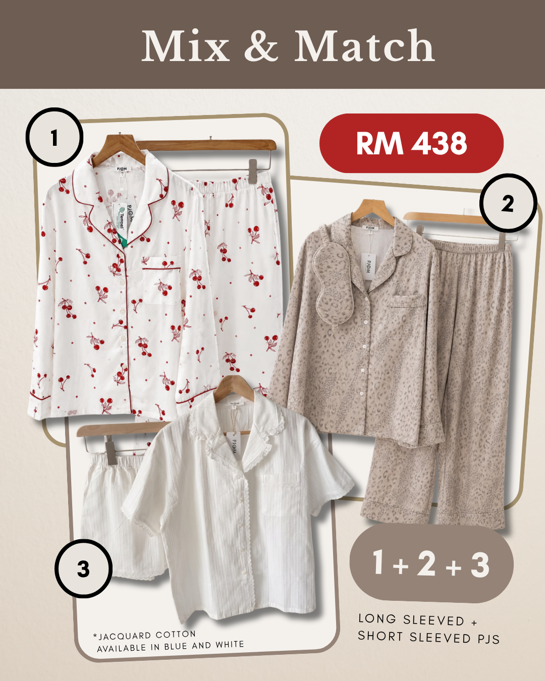 MIX & MATCH - Long Sleeved Cherry Tencel + Long Sleeved Leopard + Short Sleeved White Jacquard Cotton