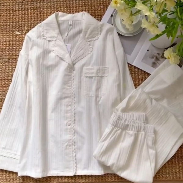 #25046 -  Jacquard Cotton Long Sleeve Set (White, Light Blue) *Free Scrunchie
