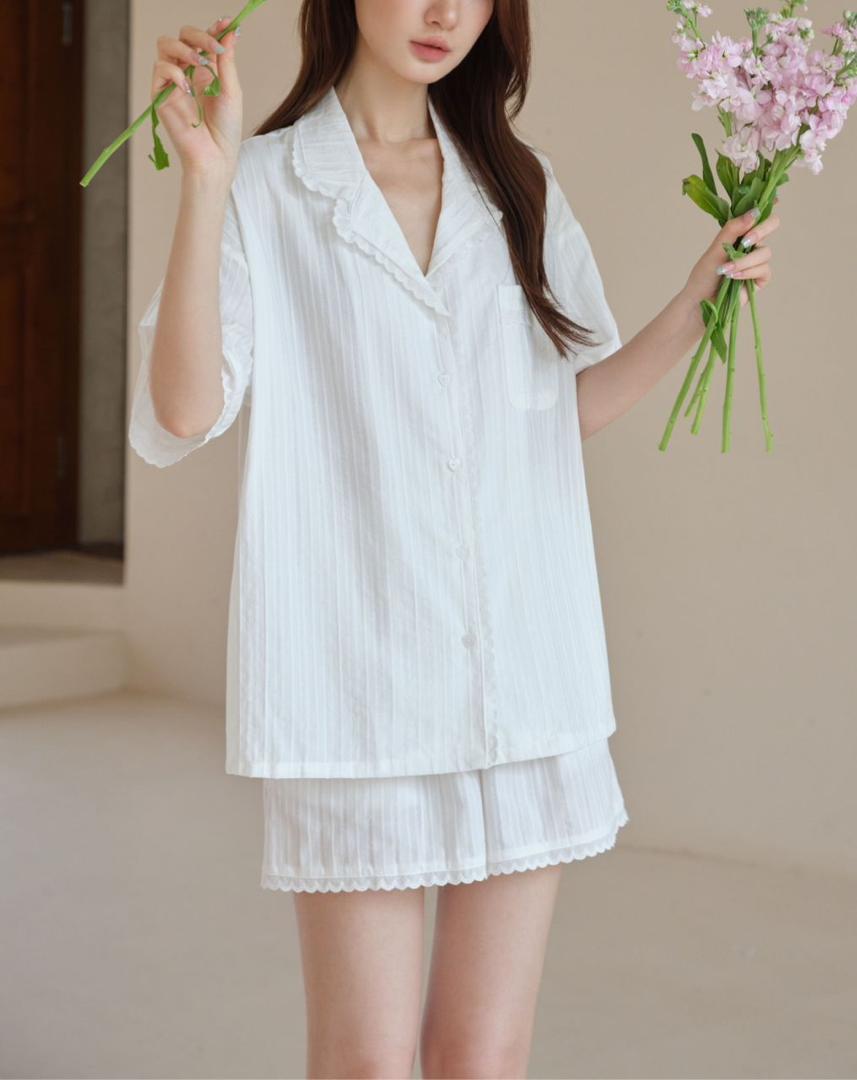#25126 - 100% Cotton（100% 纯棉）Jacquard cotton trim short-sleeved trousers (Free Scrunchie)
