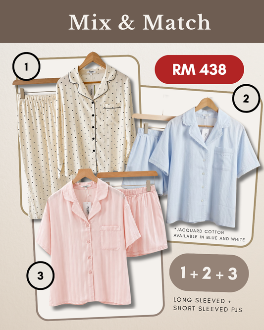 MIX & MATCH - Long Sleeved Polka Dot + Short Sleeved Blue Jacquard Cotton + Short Sleeved Tencel