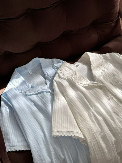 #25126 - Jacquard Cotton Short Sleeve Set (White, Light Blue) *Free Scrunchie