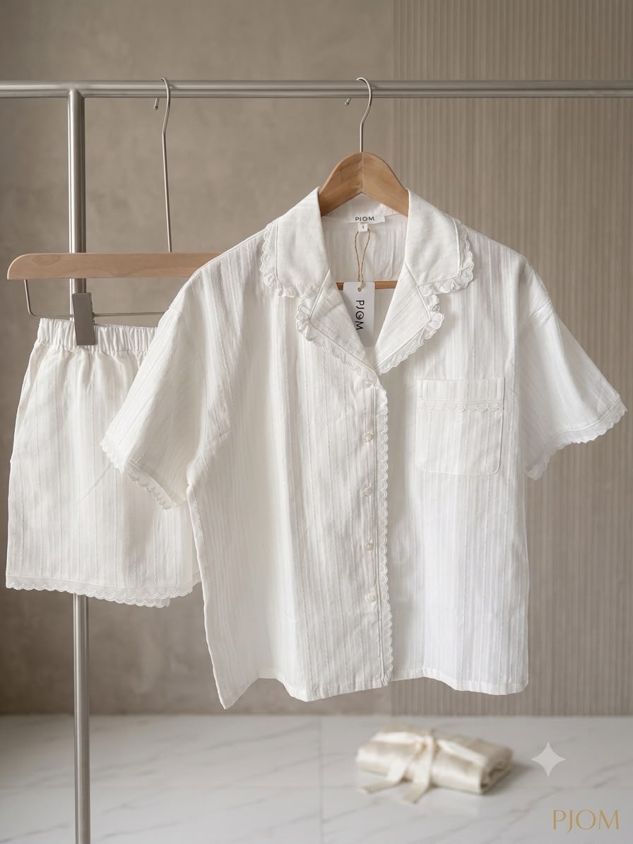 #25126 - Jacquard Cotton Short Sleeve Set (White, Light Blue) *Free Scrunchie