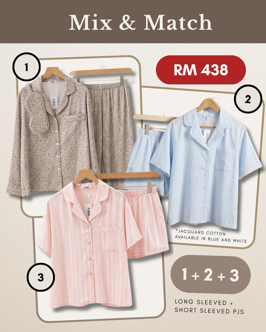 MIX & MATCH - Long Sleeved Leopard + Short Sleeved Blue Jacquard Cotton +  Short Sleeved Tencel Pink