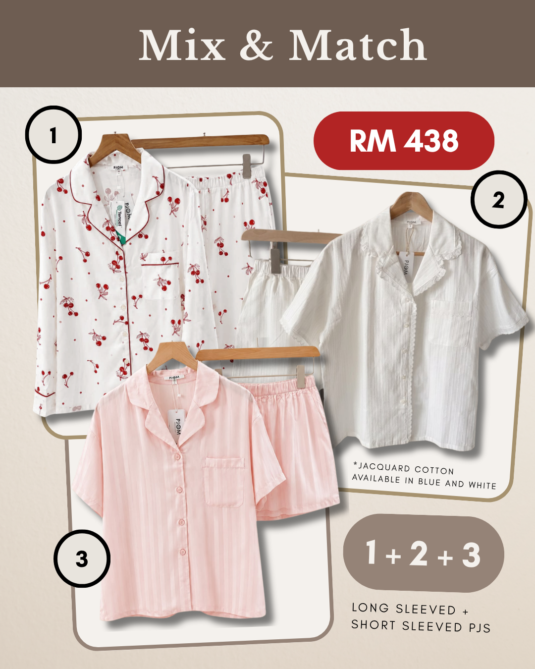 MIX & MATCH - Long Sleeved Cherry Tencel  + Short Sleeved White Jacquard Cotton + Short Sleeved Tencel Pink