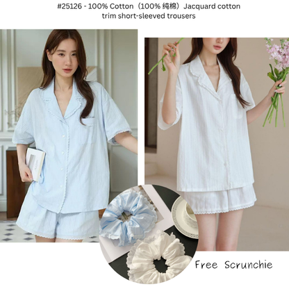 #25126 - Jacquard Cotton Short Sleeve Set (White, Light Blue) *Free Scrunchie