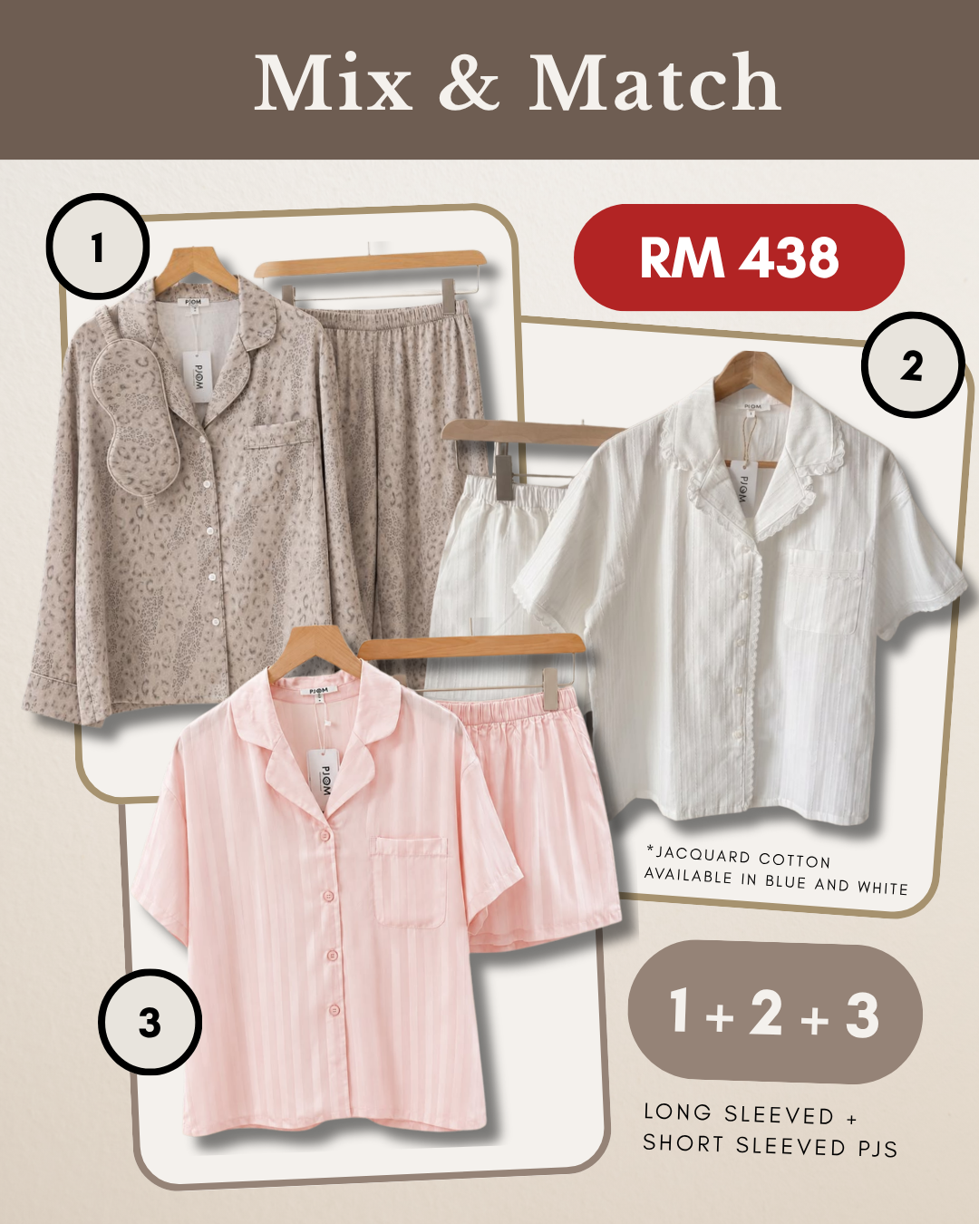 MIX & MATCH - Long Sleeved Leopard  + Short Sleeved White Jacquard Cotton + Short Sleeved Tencel Pink