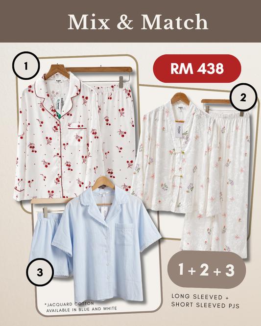 MIX & MATCH - Long Sleeved Cherry Tencel + Long Sleeved Pankou + Short Sleeved Blue Jacquard Cotton