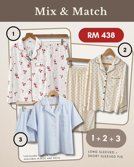 MIX & MATCH - Long Sleeved Cherry Tencel + Long Sleeved Polka Dot + Short Sleeved Blue Jacquard Cotton
