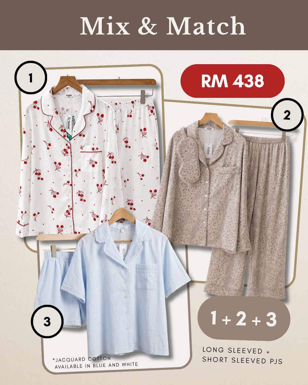 MIX & MATCH - Long Sleeved Cherry Tencel + Long Sleeved Leopard + Short Sleeved Blue Jacquard Cotton