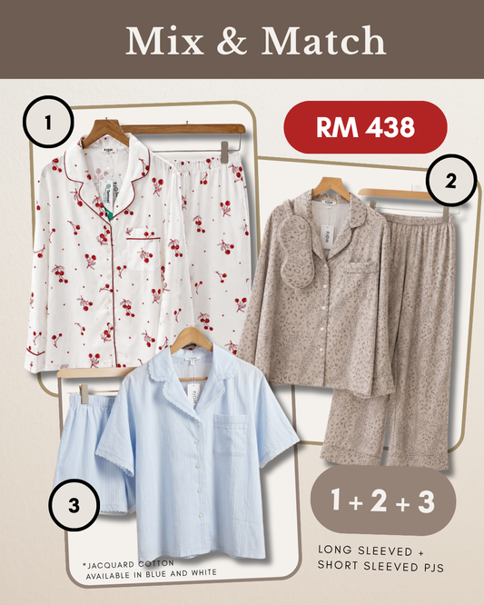 MIX & MATCH - Long Sleeved Cherry Tencel + Long Sleeved Leopard + Short Sleeved Blue Jacquard Cotton