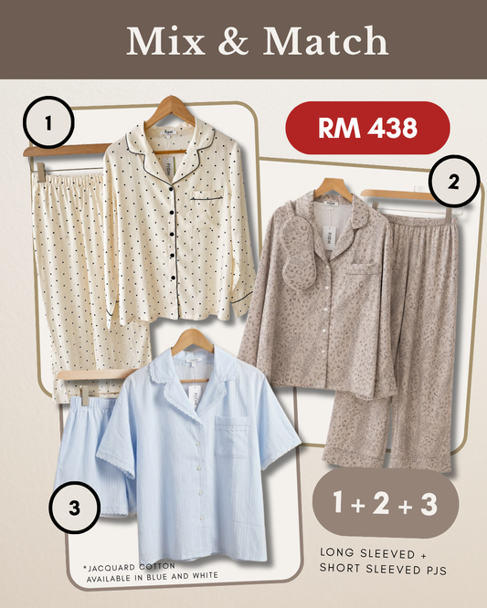 MIX & MATCH - Long Sleeved Cherry Polka Dot + Long Sleeved Leopard + Short Sleeved Blue Jacquard Cotton