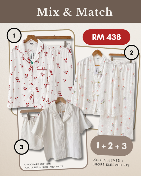 MIX & MATCH - Long Sleeved Cherry Tencel + Long Sleeved Pankou + Short Sleeved White Jacquard Cotton