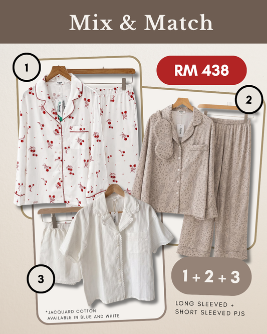 MIX & MATCH - Long Sleeved Cherry Tencel + Long Sleeved Leopard + Short Sleeved White Jacquard Cotton