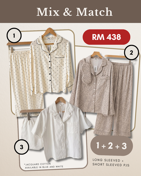 MIX & MATCH - Long Sleeved Polka Dot + Long Sleeved Leopard + Short Sleeved White Jacquard Cotton