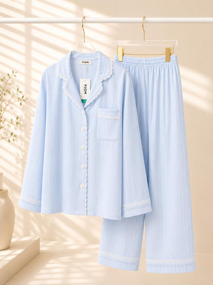 #25046 -  Jacquard Cotton Long Sleeve Set (White, Light Blue) *Free Scrunchie