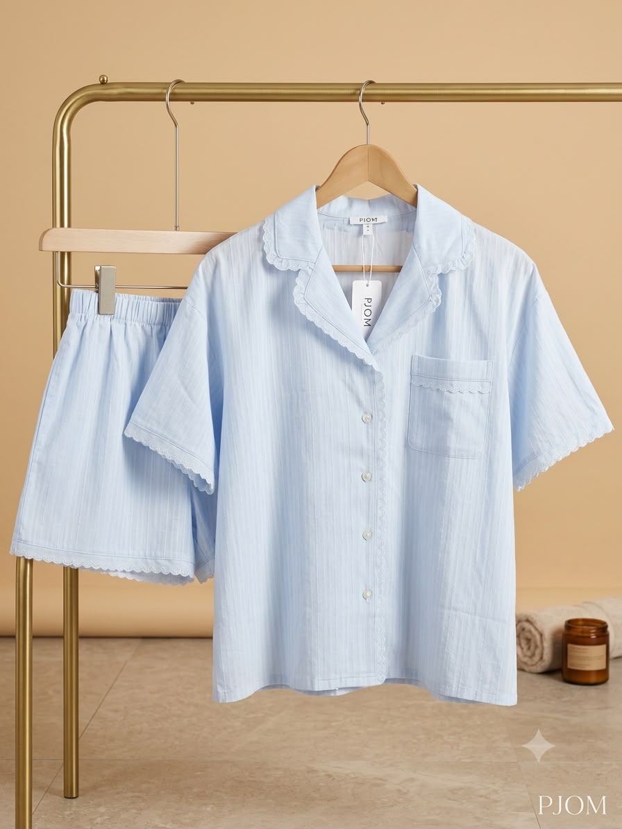 #25126 - Jacquard Cotton Short Sleeve Set (White, Light Blue) *Free Scrunchie