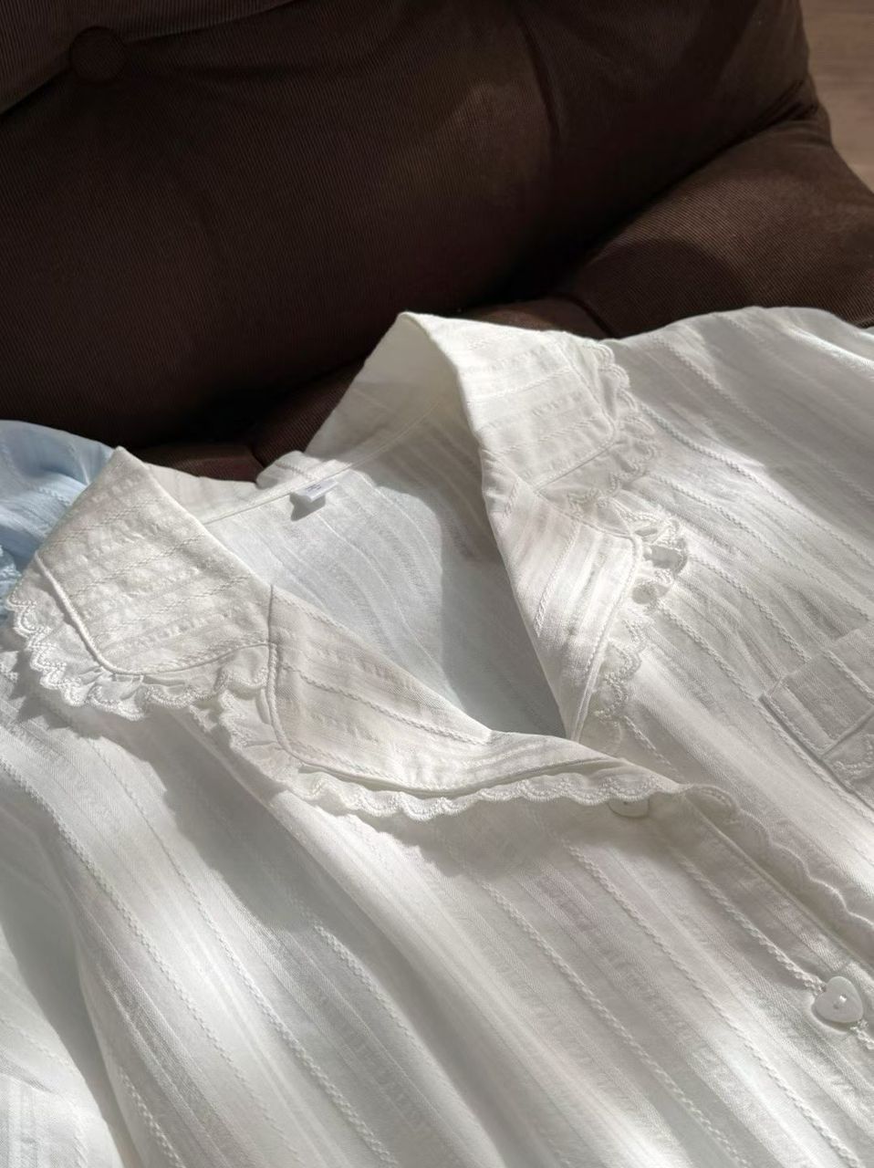 #25126 - Jacquard Cotton Short Sleeve Set (White, Light Blue) *Free Scrunchie