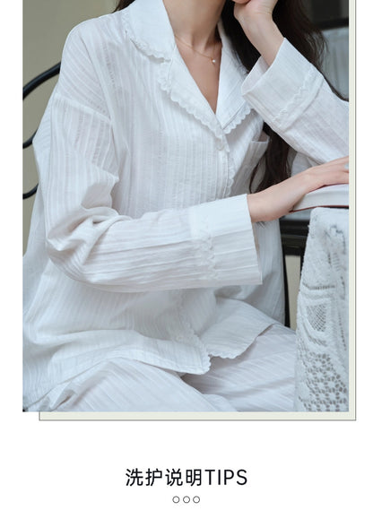 #25046 -  Jacquard Cotton Long Sleeve Set (White, Light Blue) *Free Scrunchie