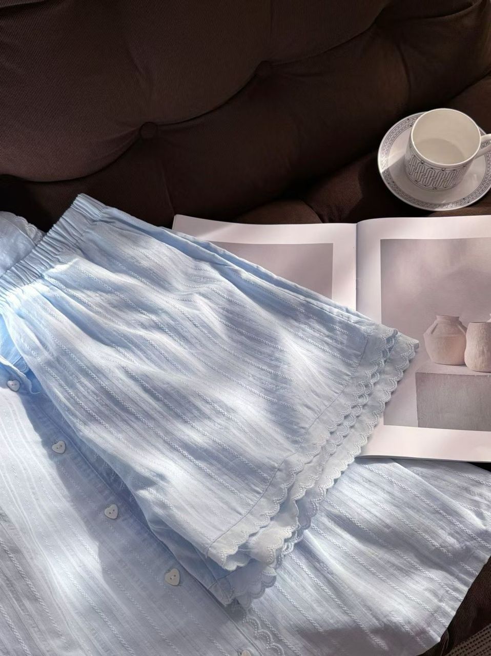 #25126 - Jacquard Cotton Short Sleeve Set (White, Light Blue) *Free Scrunchie