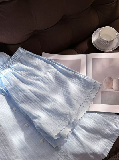 #25126 - Jacquard Cotton Short Sleeve Set (White, Light Blue) *Free Scrunchie