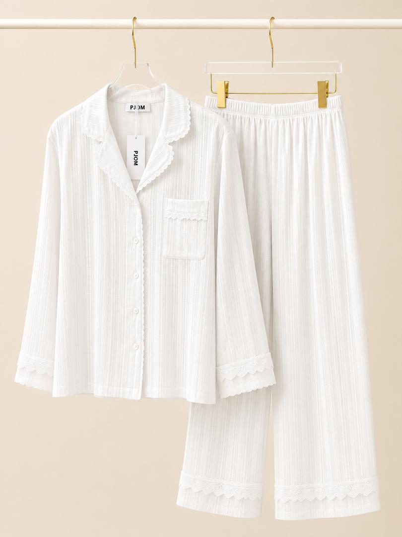 #25046 -  Jacquard Cotton Long Sleeve Set (White, Light Blue) *Free Scrunchie