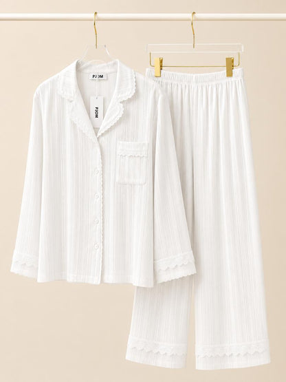 #25046 -  Jacquard Cotton Long Sleeve Set (White, Light Blue) *Free Scrunchie