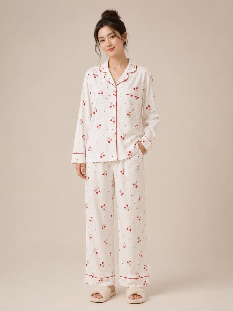 #24089 - Tencel Cherry Long Sleeve Pants Set