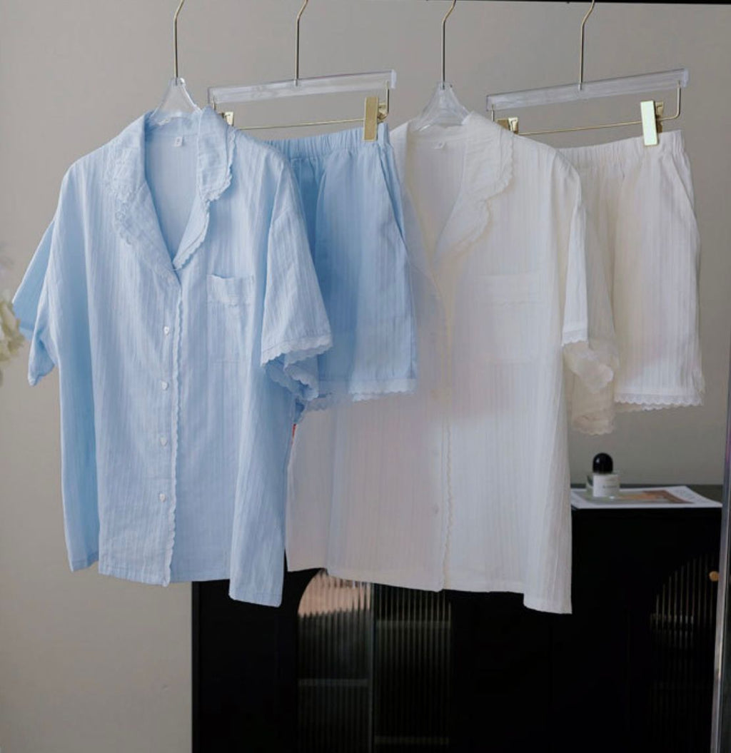 #25126 - 100% Cotton（100% 纯棉）Jacquard cotton trim short-sleeved trousers (Free Scrunchie)