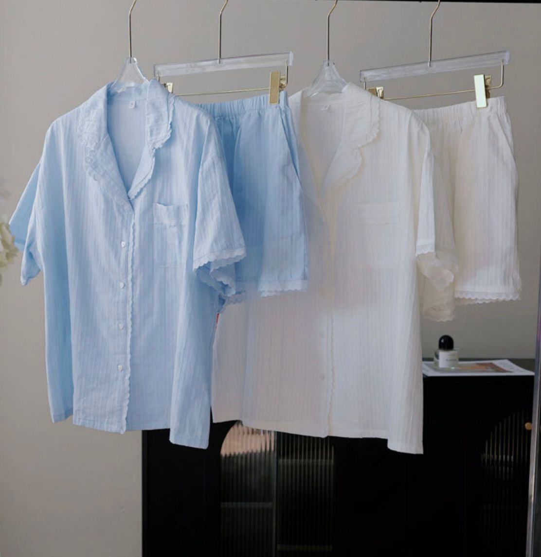 #25126 - Jacquard Cotton Short Sleeve Set (White, Light Blue) *Free Scrunchie